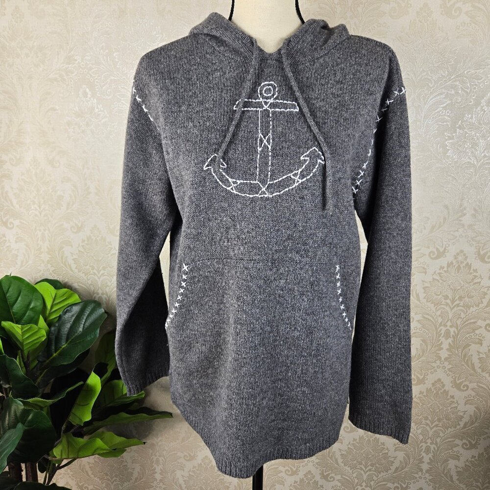 GAP Size Medium Gray 100% Lambswool Hooded Sweater Embroidered Anchor Pocket